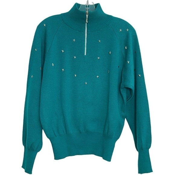Vintage 80s 90s TYROLLA Skiwear Quarter Zip Ski Sweater Star Studs Wool Blend M - Picture 3 of 17
